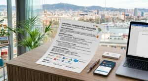 Cv sobre un escritorio dentro de apartamento dende se puede ver una ciudad de fondo