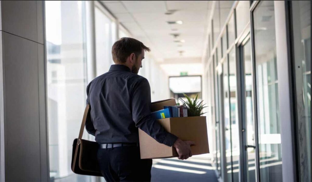 hombre saliendo de la oficina tras ser despedido con una-caja sus pertenencias