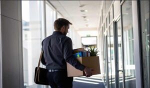 hombre saliendo de la oficina tras ser despedido con una-caja sus pertenencias
